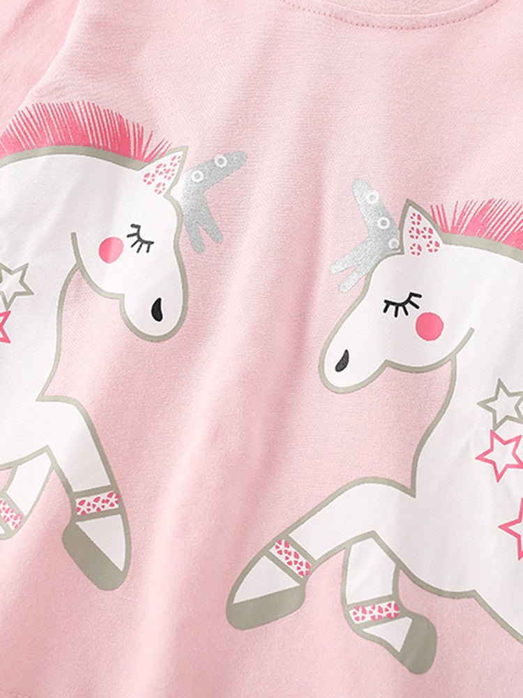 Girls Cartoon Unicorn Printing Design Top And Pattern Pants Set