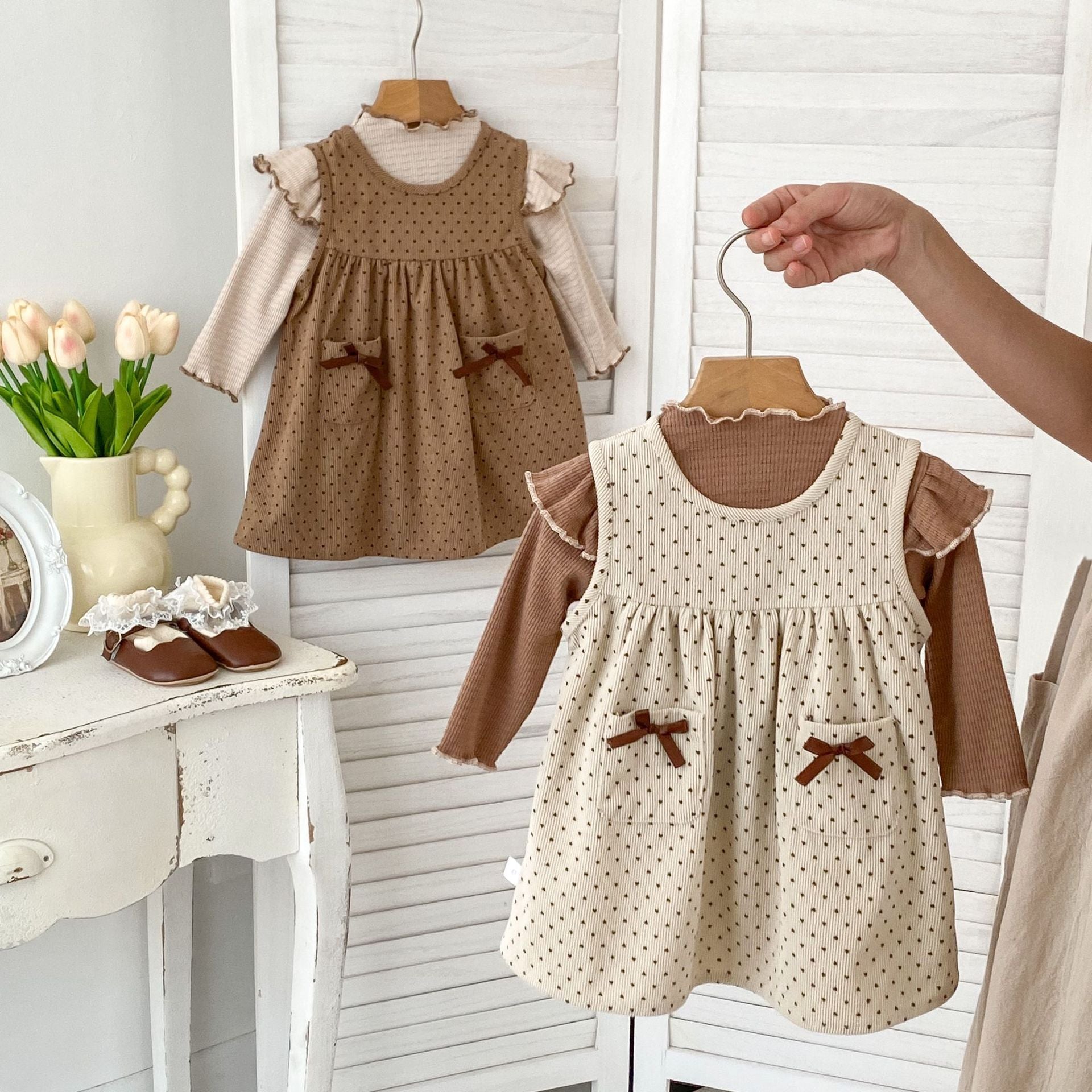 white christmas dresses Autumn Baby Girls Long Sleeves Simple Knitted Top and Dots Pattern Sleeveless Dress – Clothing Set 90 (12-24M) / Beige