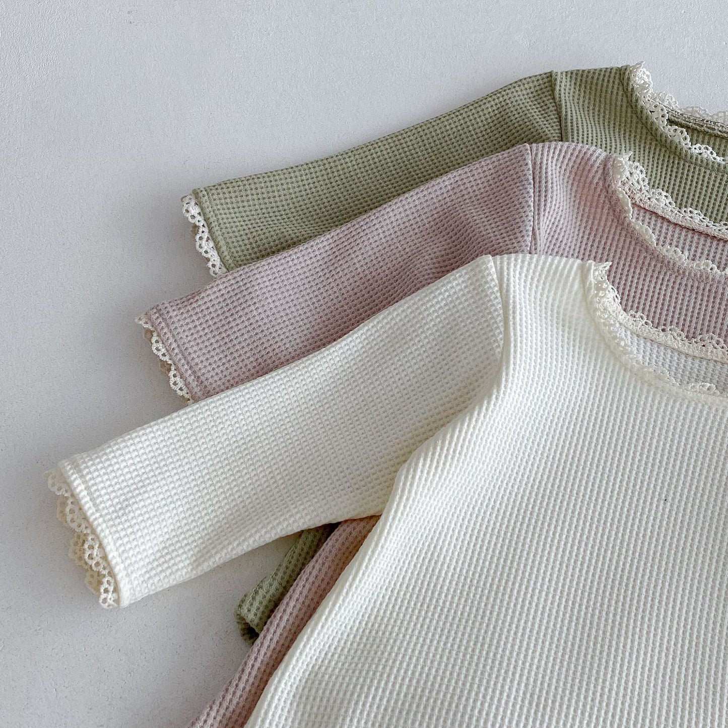 Autumn Arrival Baby Unisex Long Sleeves Lace Trim Decorated Waffle Grid Onesies with Hat, MyKids-USA®, Baby One-Pieces, MyKids-USA - - - - - - -