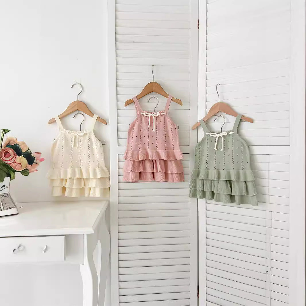 Summer Baby Kids Solid Color and Striped Hollow-out Pattern Sleeveless Top Vest with Skirt Clothing Set for Girls, MyKids-USA®, Baby & Toddler Outfits, MyKids-USA - - - - - - -