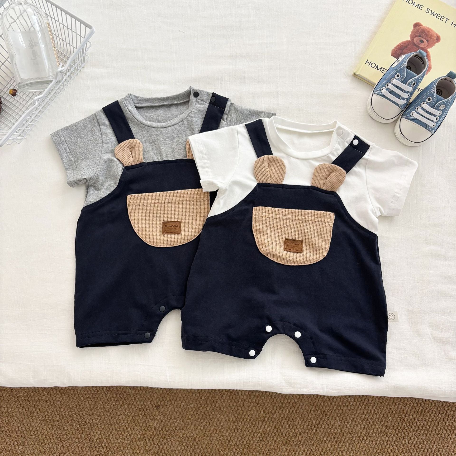 summer infant bear Design Summer Baby Kids Boys Teddy Bear Pattern Color Patchwork Short Sleeves Romper