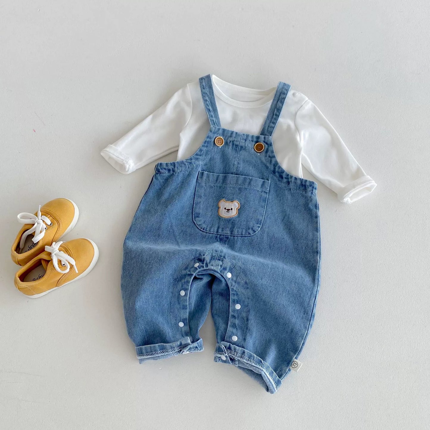 Spring and Autumn Baby Kids Unisex Long Sleeves White Top and Denim Sleeveless Overalls Clothing Set, MyKids-USA®, Baby & Toddler Outfits, MyKids-USA - - - - - - -