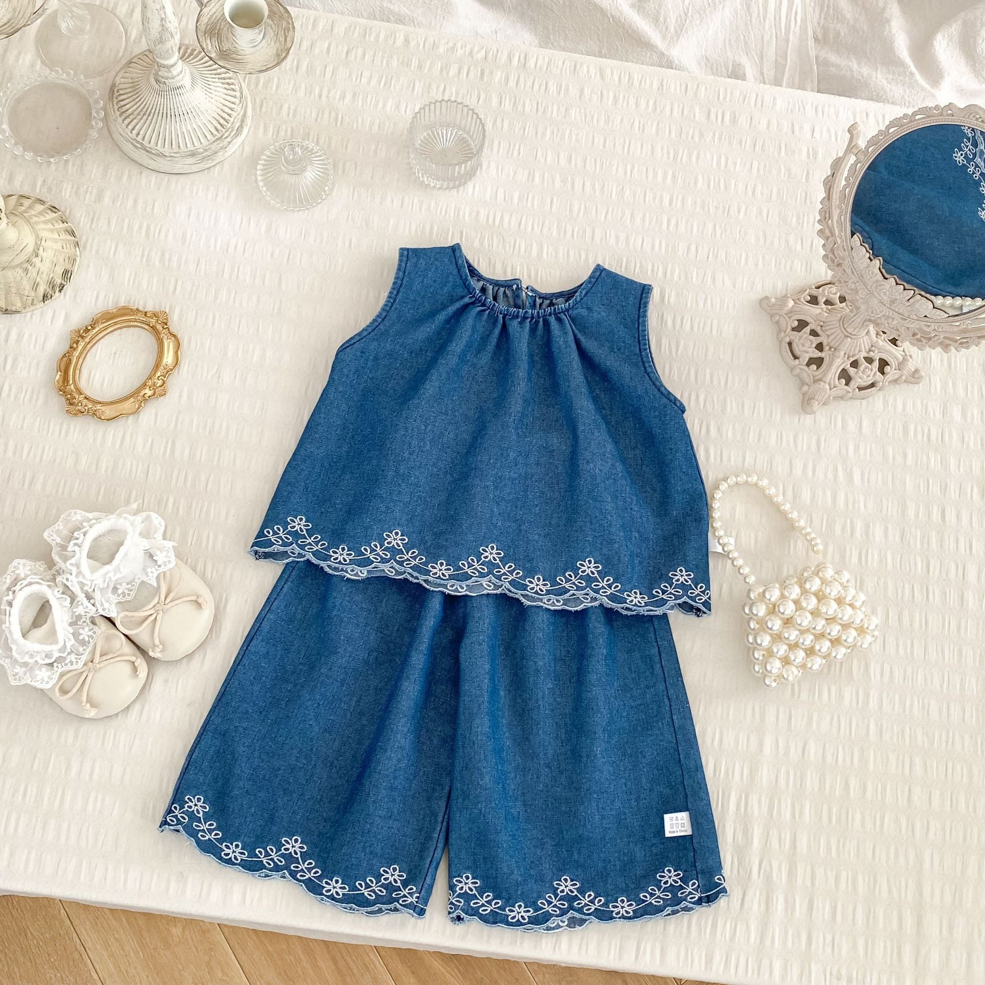 MyKids-USA Baby Kids Girls Flowers Pattern Embroidered Sleeveless Top and Pants Denim Clothing Set 120 (5-7Y) / Blue