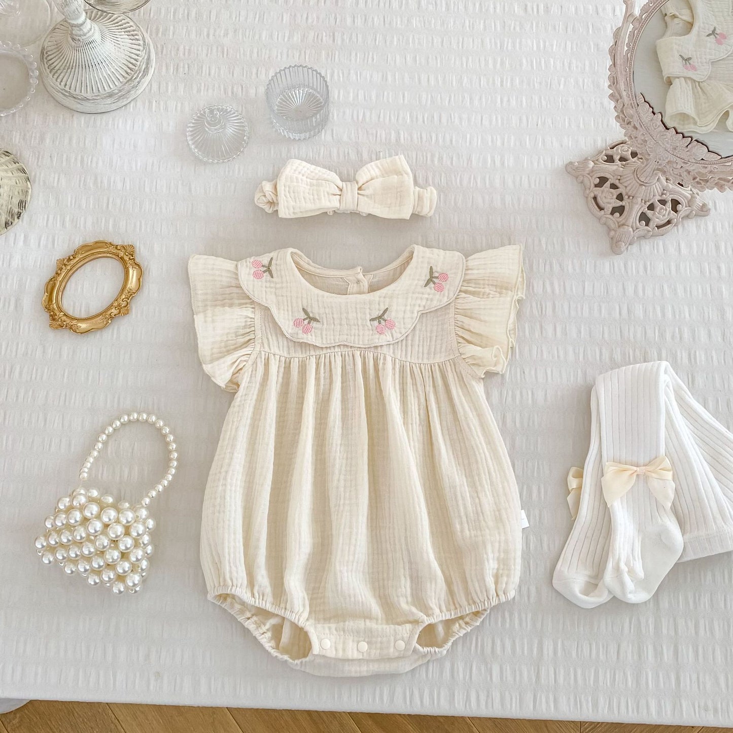 Summer Arrival Baby Girls Cute Simple Cherry Embroidery Pattern Short Sleeves Onesies, MyKids-USA®, Baby One-Pieces, MyKids-USA - - - - - - -