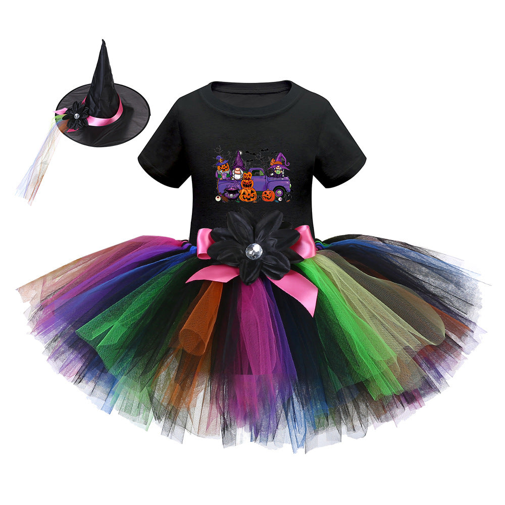 Arrival Girls’ Halloween Costume: Short Sleeves Cartoon Print Witches Cosplay Party Tulle Patchwork Dress with Hat Set, MyKids-USA®, Costume Dresses, MyKids-USA - Size/Age - S (1-3Y) - Color - Coffee - - - TR2409091017.