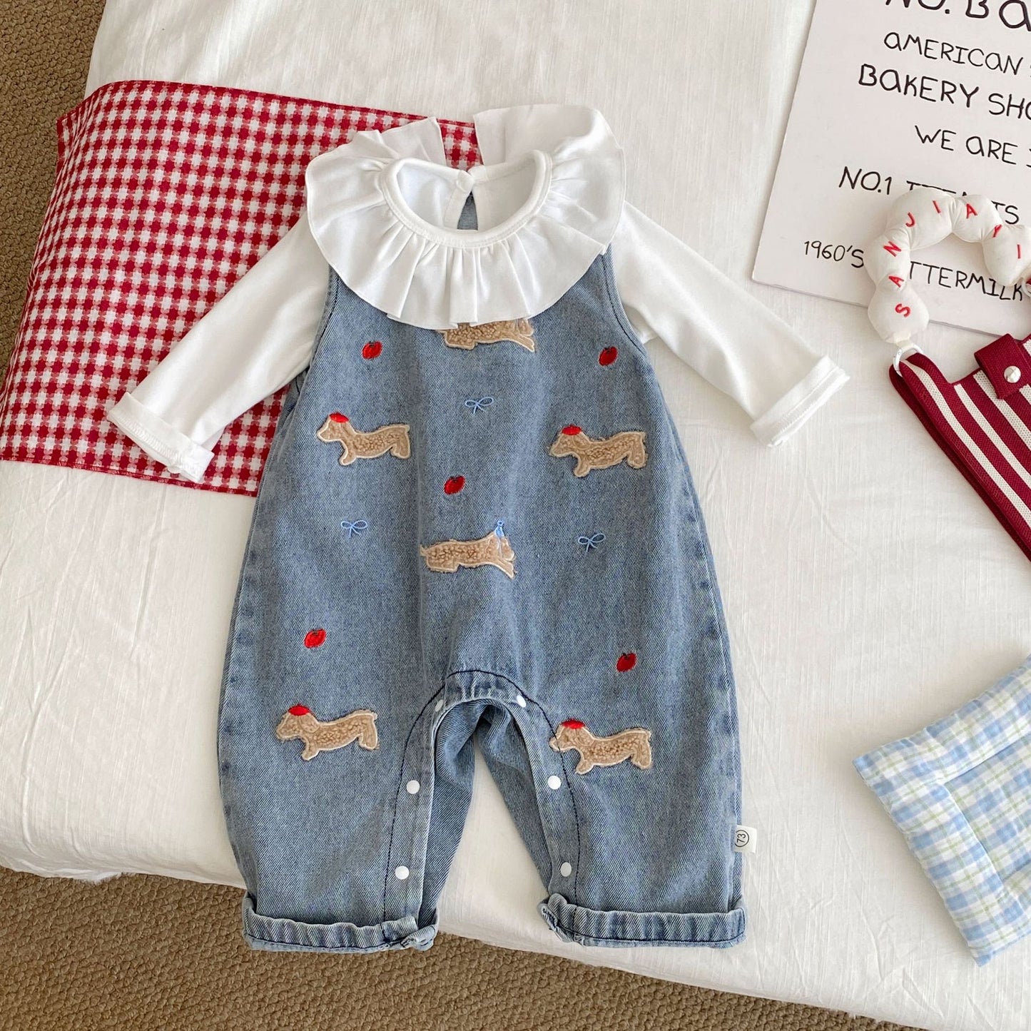 Spring and Autumn Baby Kids Girls Long Sleeves Cartoon Pattern Top and Denim Sleeveless Rompers Clothing Set, MyKids-USA®, Baby & Toddler Outfits, MyKids-USA - - - - - - - .