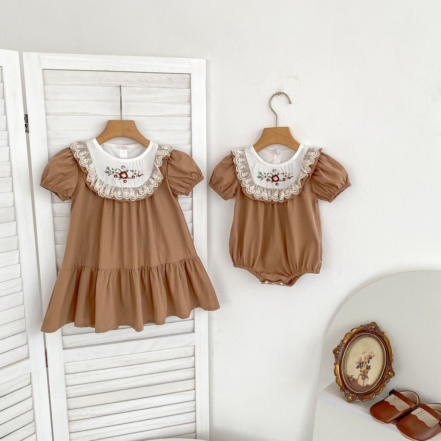 Summer Girls Flowers Pattern Embroidered Lace Trim Onesies and Dress – Princess Sister Matching Set, MyKids-USA®, Baby & Children's One-Pieces, MyKids-USA - - - - - - - .