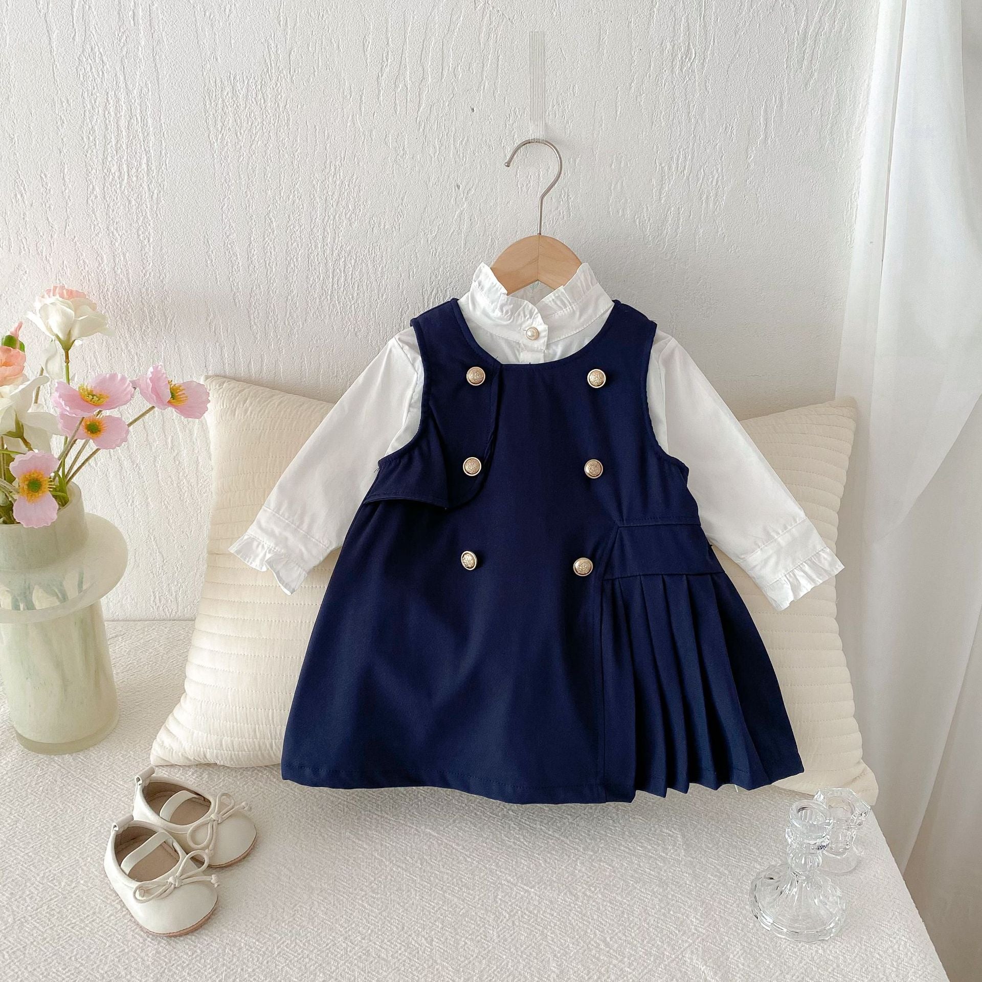 MyKids-USA Spring and Autumn Kids Girls Solid Color Beige Long Sleeves Single Breasted Shirt or Preppy Dress Clothing Set Beige 120 (5-7Y)