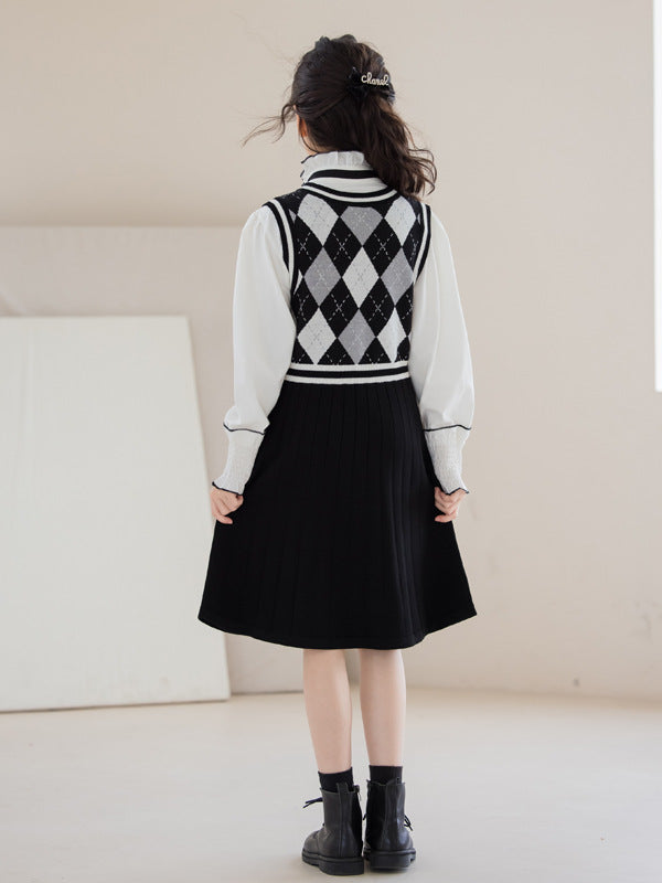 Girls White Shirts Top Double Breasted Cardigan Argyle Sleeveless Dress Sets, MyKids-USA®, Baby & Toddler Outfits, MyKids-USA - - - - - - -