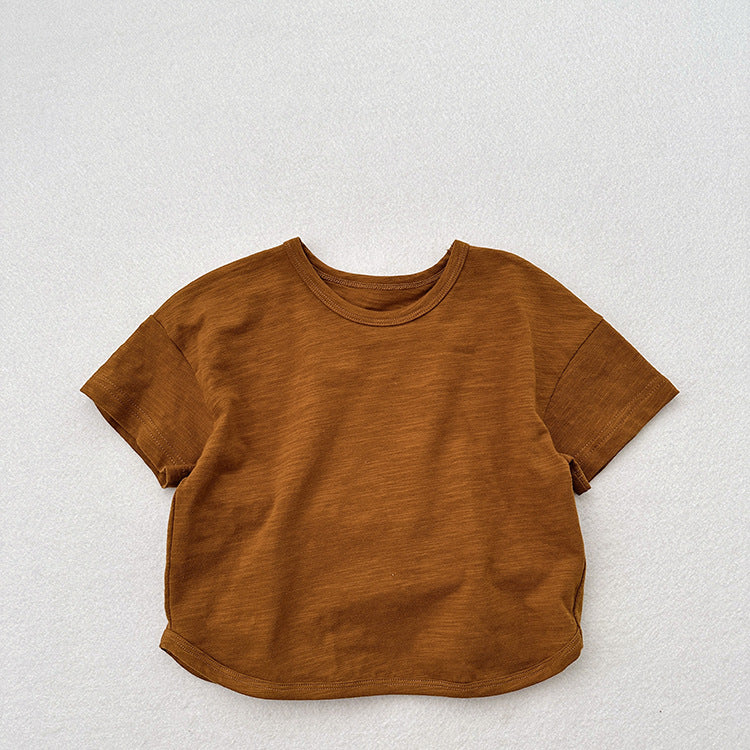 Summer Arrival Kids Unisex Crew Neck Short Sleeves Thin Solid Color Loose Top Base T-Shirt, MyKids-USA®, Baby & Toddler Tops, MyKids-USA - Size/Age - 80 (9-12M) - Color - Brown - - - TR2404131303-C