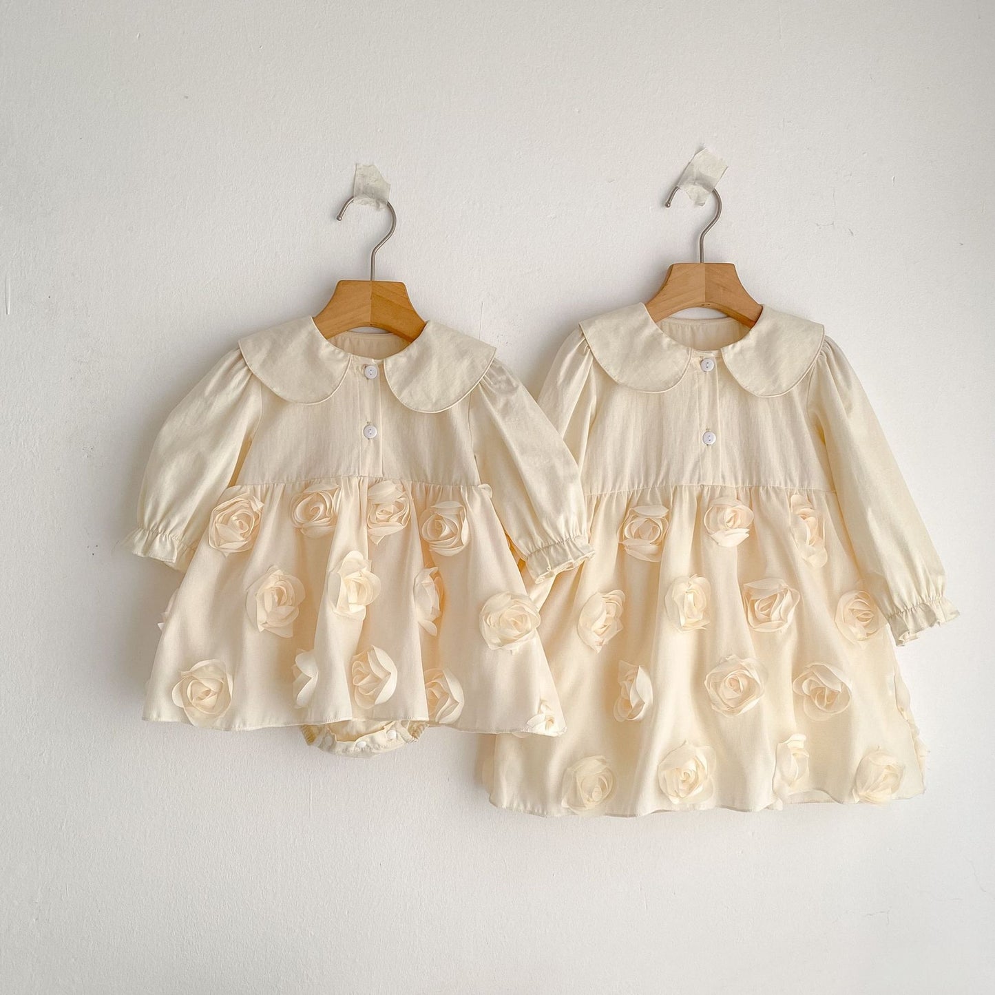 Autumn Baby Girls Flowers Pattern Long-sleeved Peter Pan Collar Onesies and Dress – Princess Sister Matching Set, MyKids-USA®, Baby & Toddler Outfits, MyKids-USA - - - - - - -