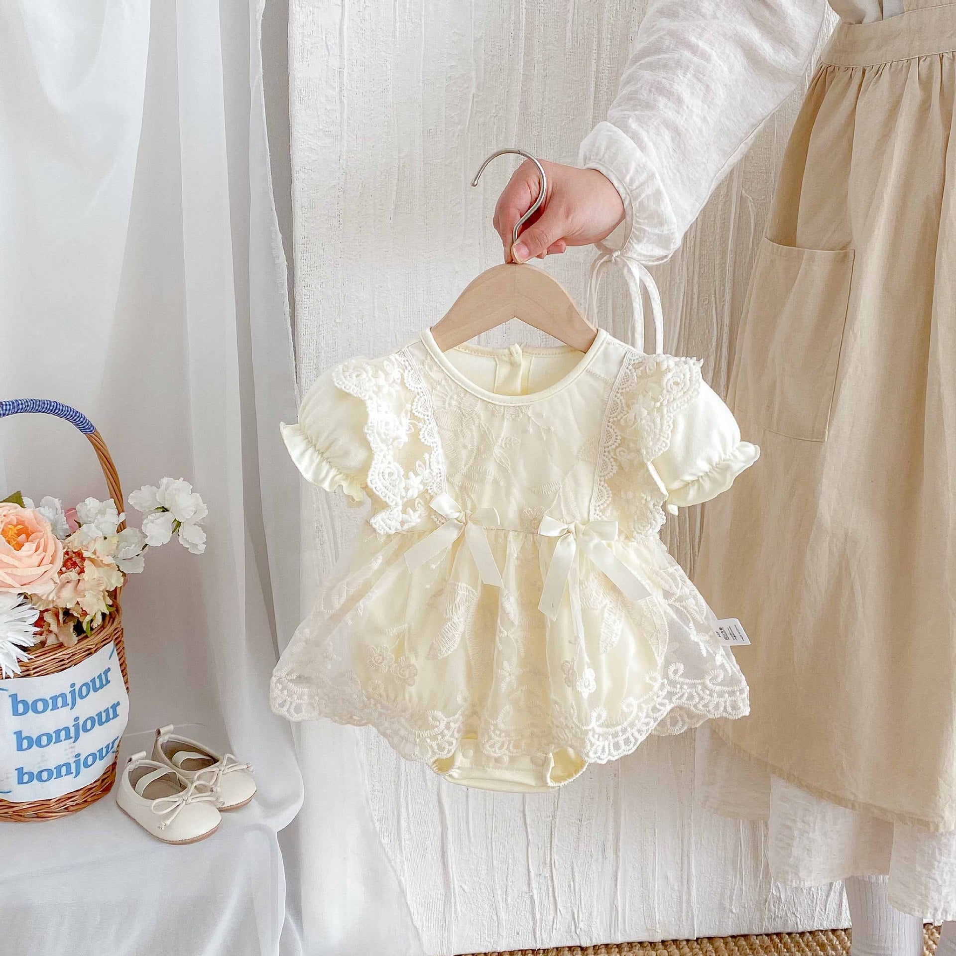 MyKids-USA Baby Girls Cute Solid Color Floral Embroidery Short Sleeves Dress Design bodysuit 66 (3-6M) / Apricot