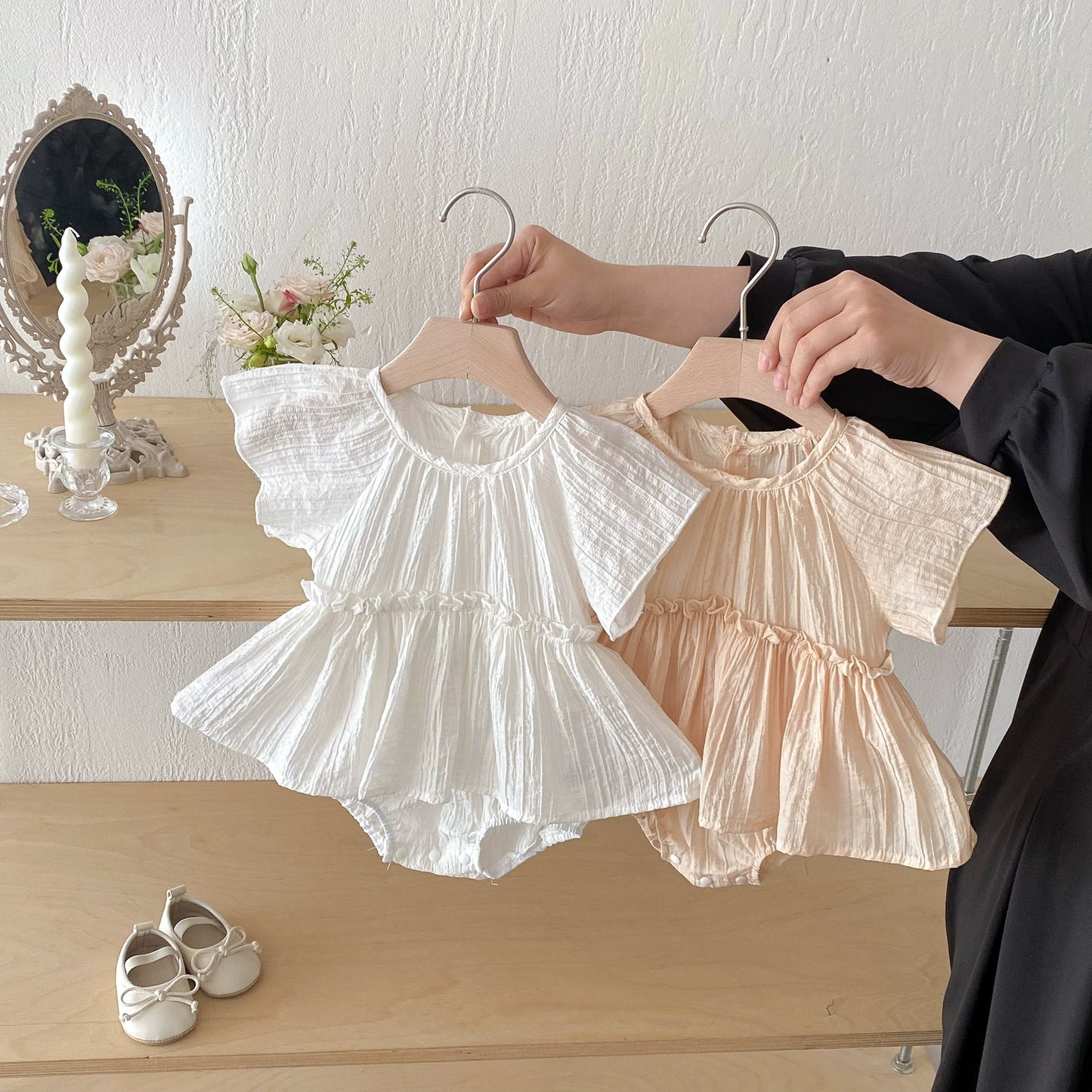 Summer Arrival Baby Girls Cute Pleated Short Sleeves Solid Color Onesies, MyKids-USA®, Baby One-Pieces, MyKids-USA - - - - - - -