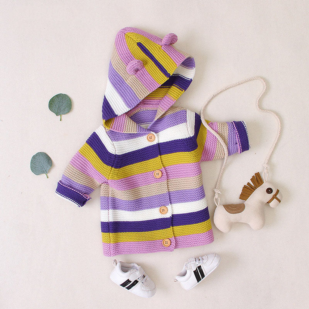 MyKids-USA® Baby Colorful Striped Pattern Button Front Knitted Cardigan With Hat