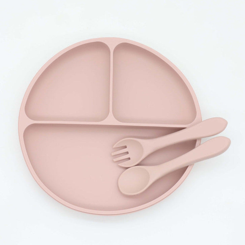 MyKids-USA® Baby Silicone Round Suction Compartment Dinner Plate With Spoon Fork Sets