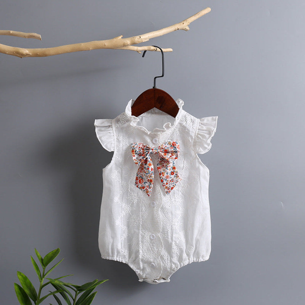 MyKids-USA® Baby Girl Embroidery Pattern Round Neck Mullet Design Sleeveless Cardigan bodysuit With Bow Decorations
