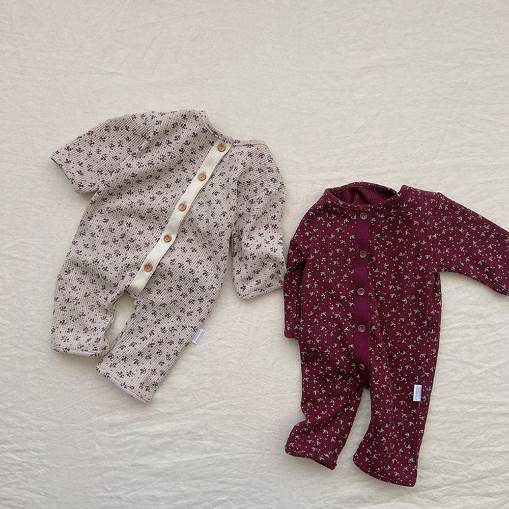 MyKids-USA® Baby Ditsy Flower Pattern Full Button Design Waffle Knit Rompers