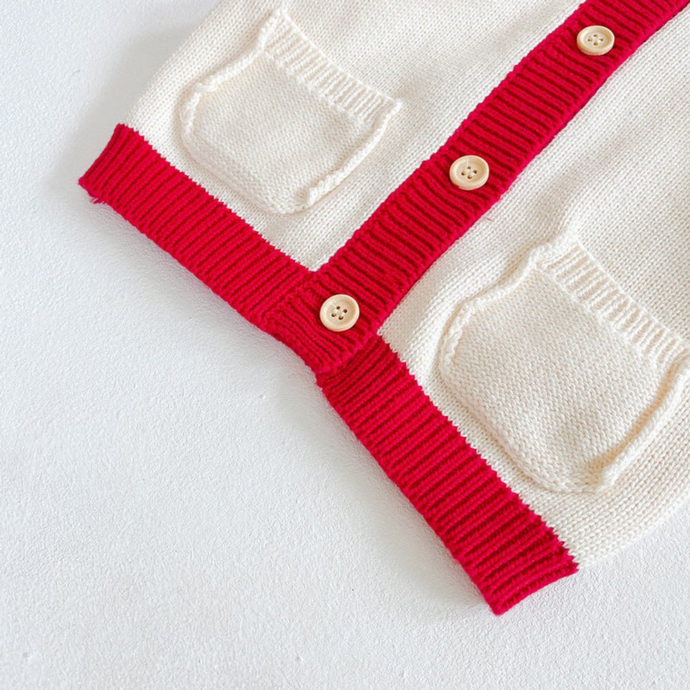 MyKids-USA® Baby Girl Contrast Pattern Buttoned Front Puff Sleeve Knitted Cardigan