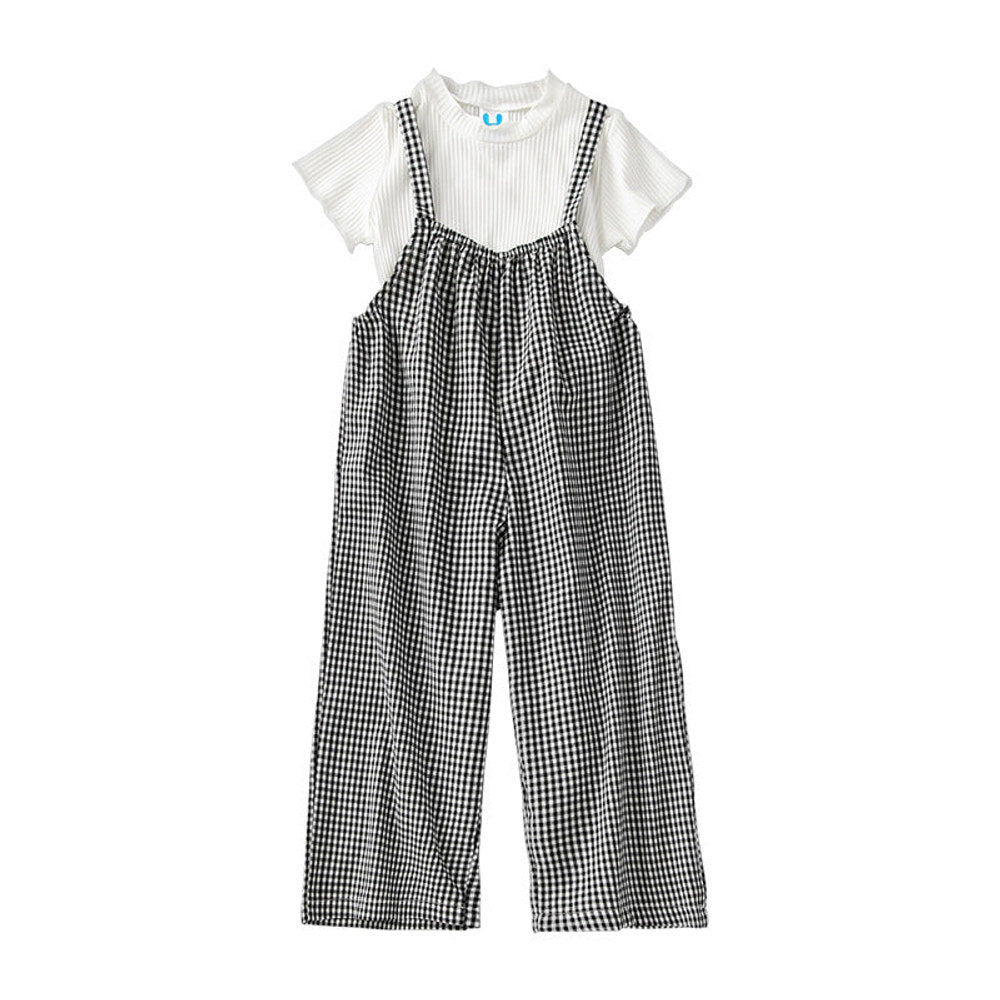 MyKids-USA® Baby Girl Solid Color Tops Combo Plaid Pattern Overalls Sets