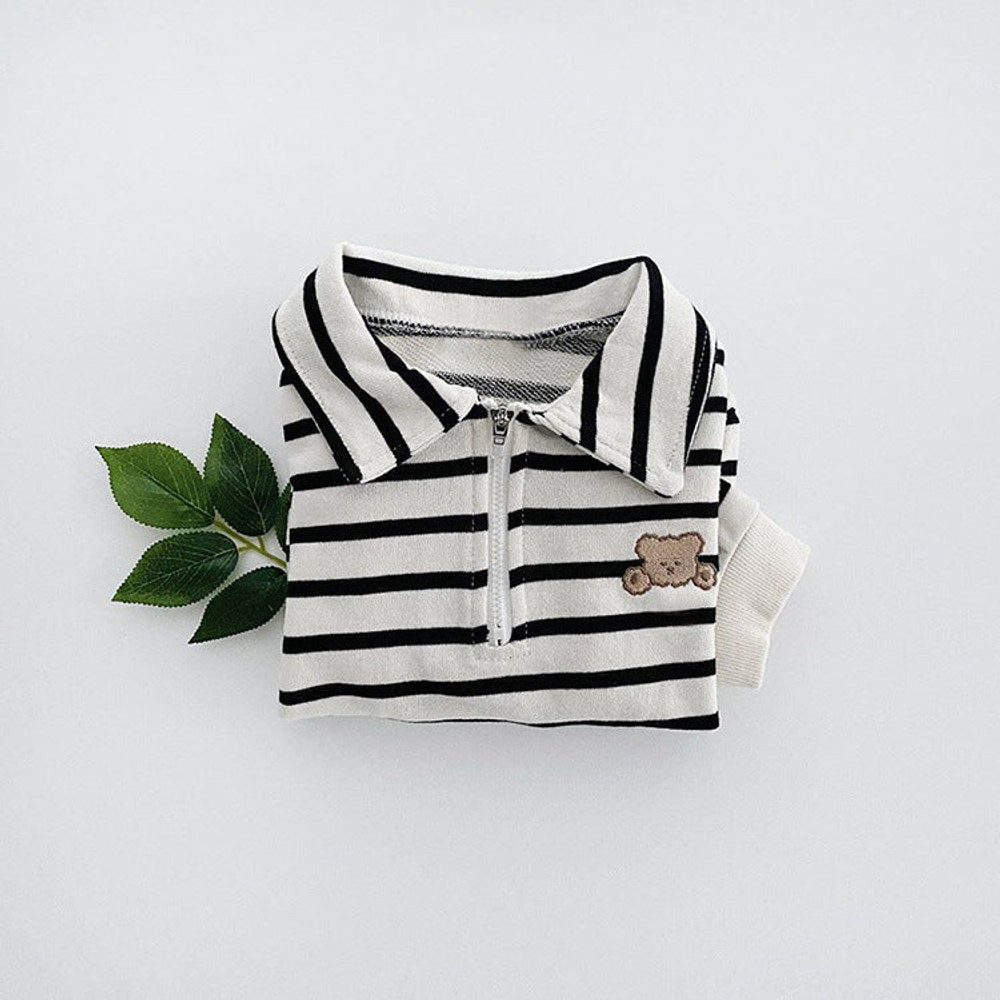 Baby Striped & Cartoon Patched Graphic Polo Neck Long Sleeves Bodysuit bodysuit
