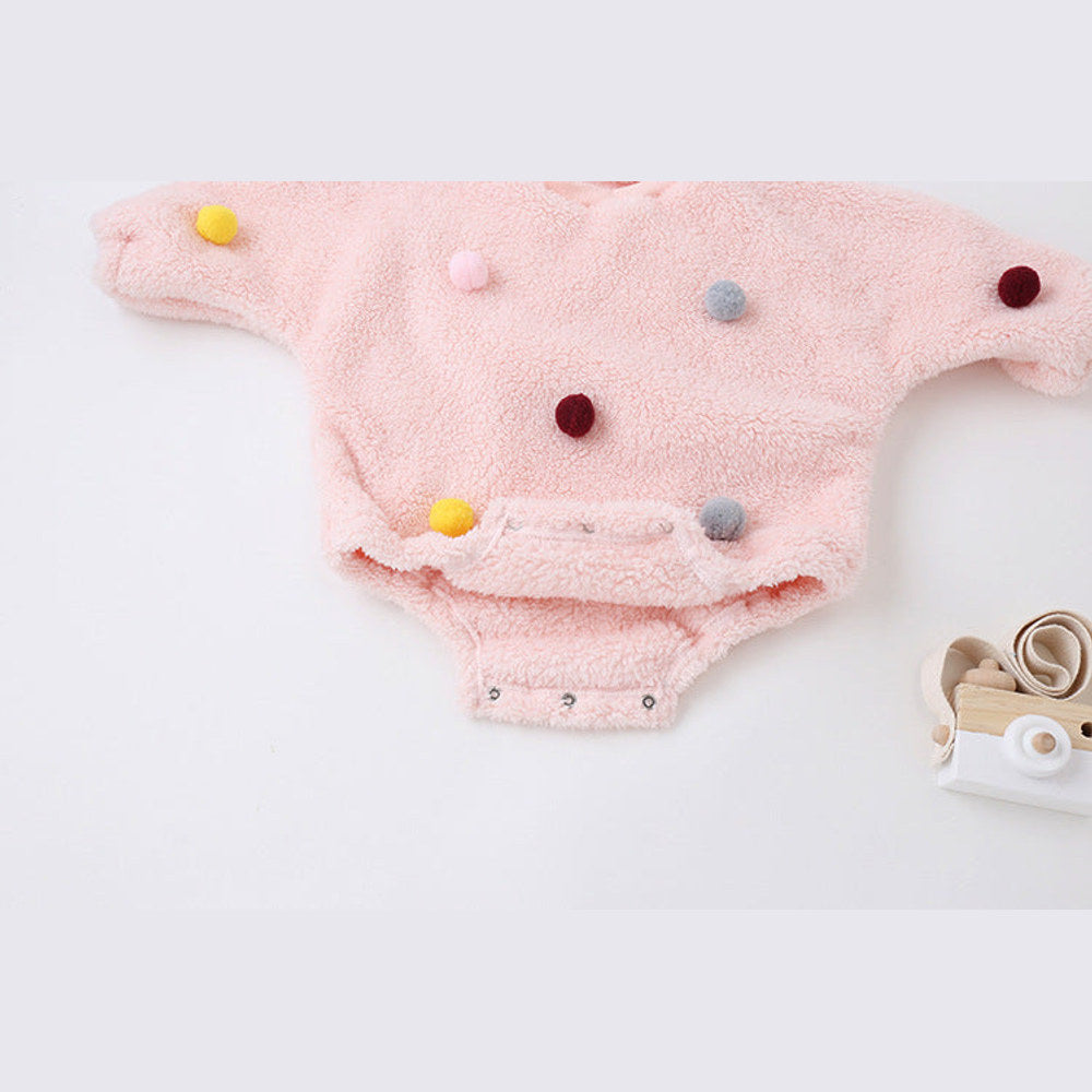 MyKids-USA® Baby Girl Solid Color Furball Patched Design Coral Fleece Pullover bodysuit