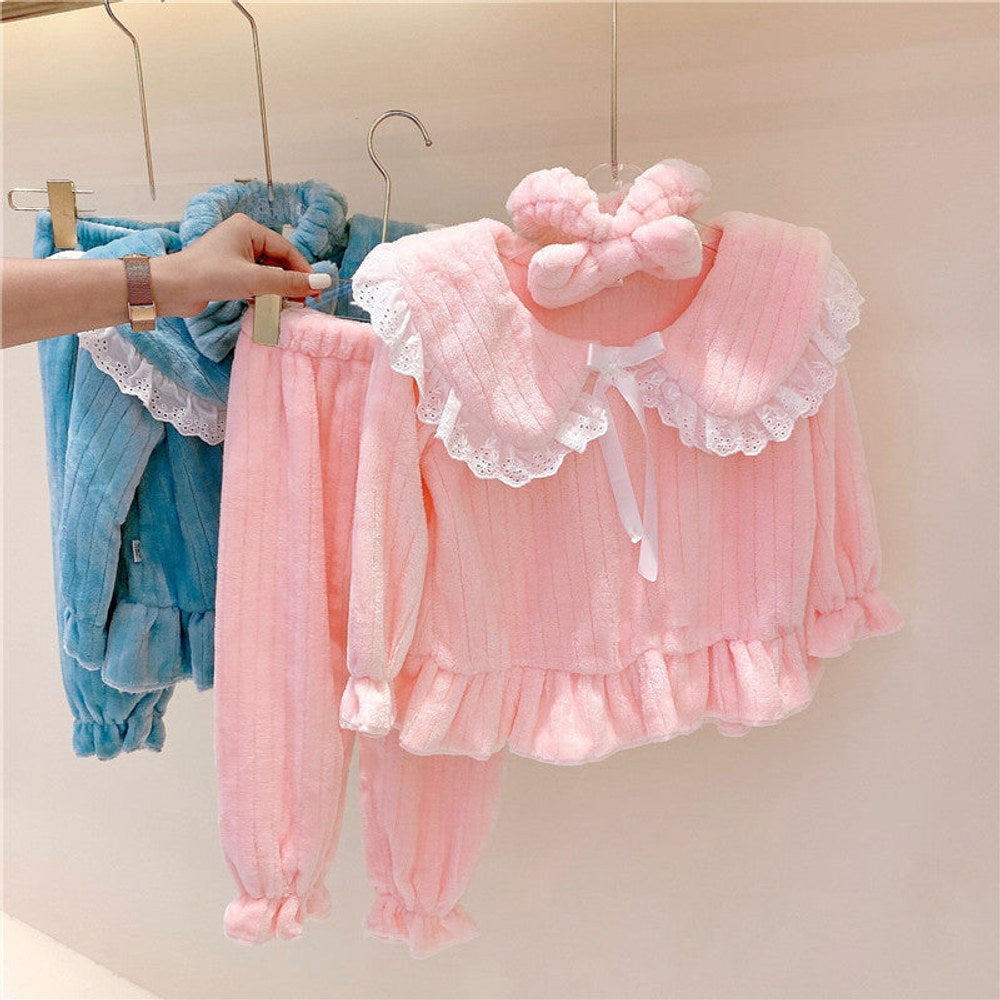 MyKids-USA® Baby Girl Solid Color Doll Neck Fleece Thickened Tops Combo Trousers Sets Pajamas Tracksuit