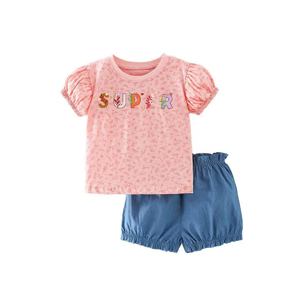 MyKids-USA® Baby Girl Floral & Slogan Print Graphic Puff Sleeve Tee Combo Denim Shorts Sets
