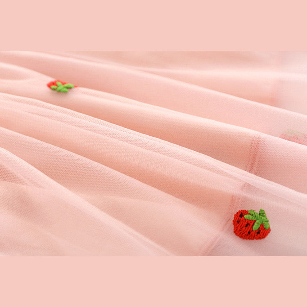MyKids-USA® Baby Girl Strawberries Embroidered Mesh Overlay Design Bow Tie Patched Hundred Dress