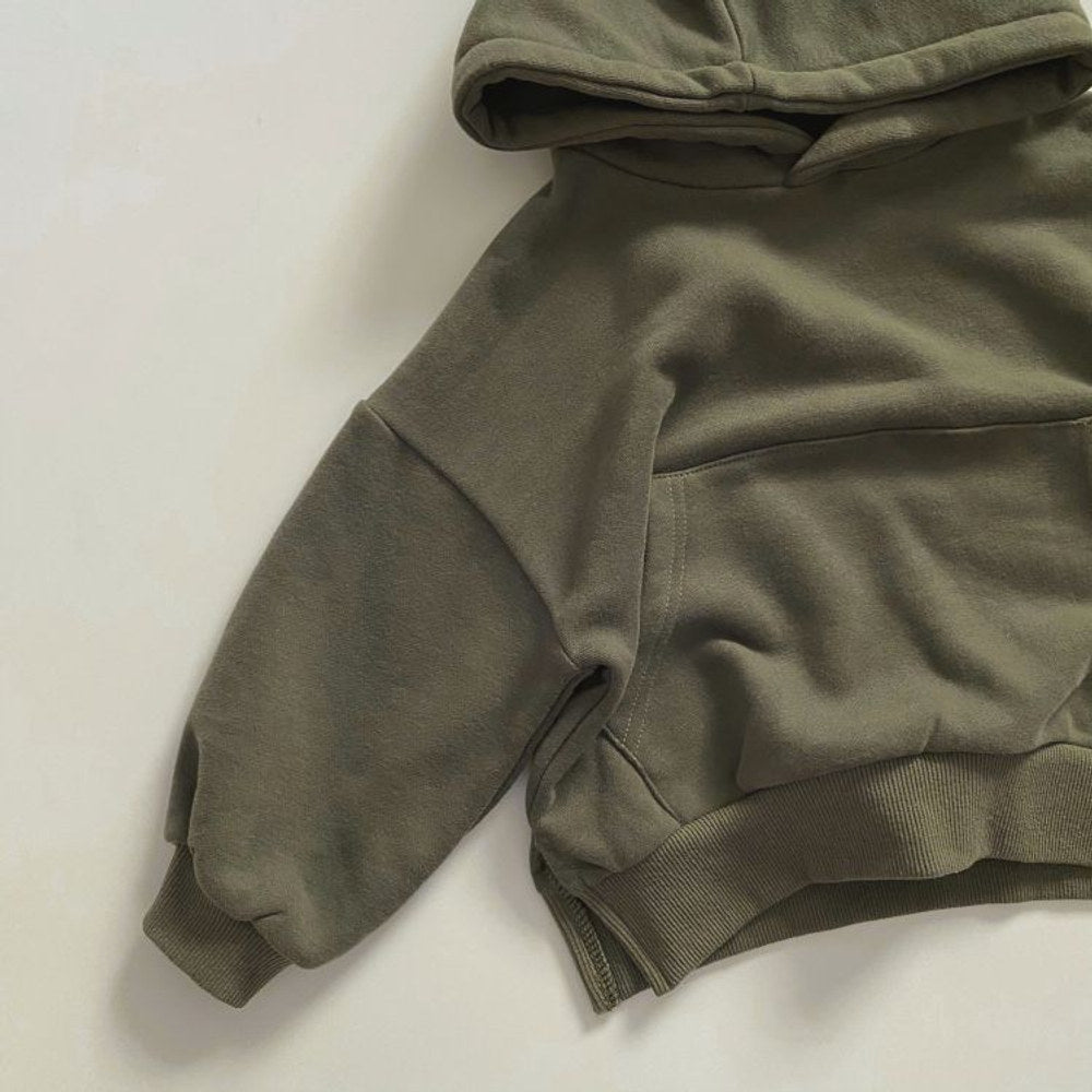 MyKids-USA® Baby Solid Color Long Sleeves Fleece Thermal Hoodies In Outfit Wearing