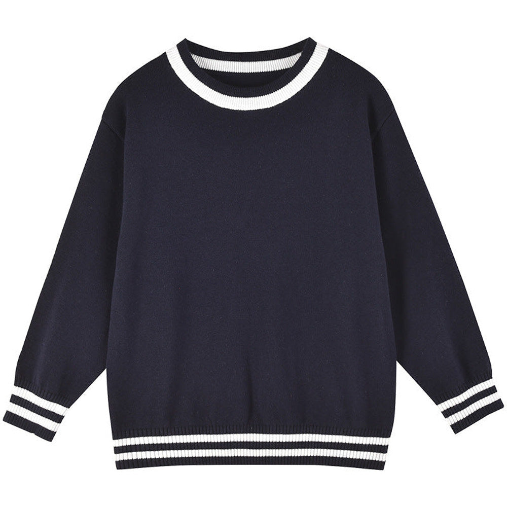 MyKids-USA® Baby Solid Color Striped Hem Design O-Neck Knit Sweater