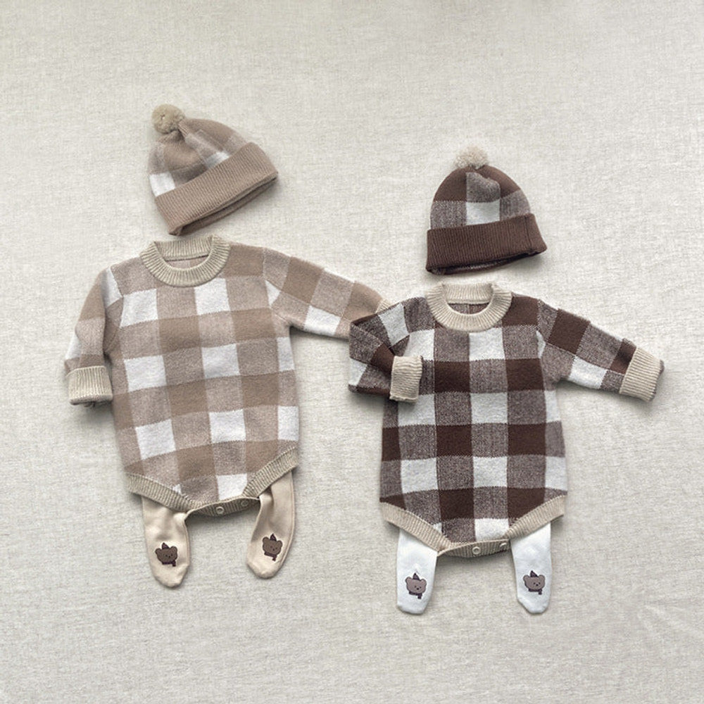 MyKids-USA® Baby Plaid Graphic Long Sleeve Crewneck Knit Thickened bodysuit