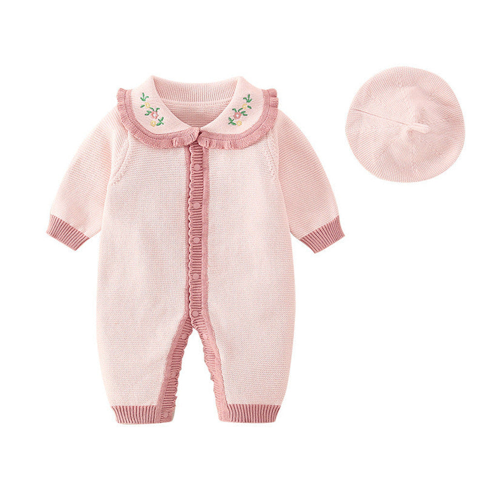 MyKids-USA® Baby Girl Floral Embroidered Pattern Knitted Romper With Hat