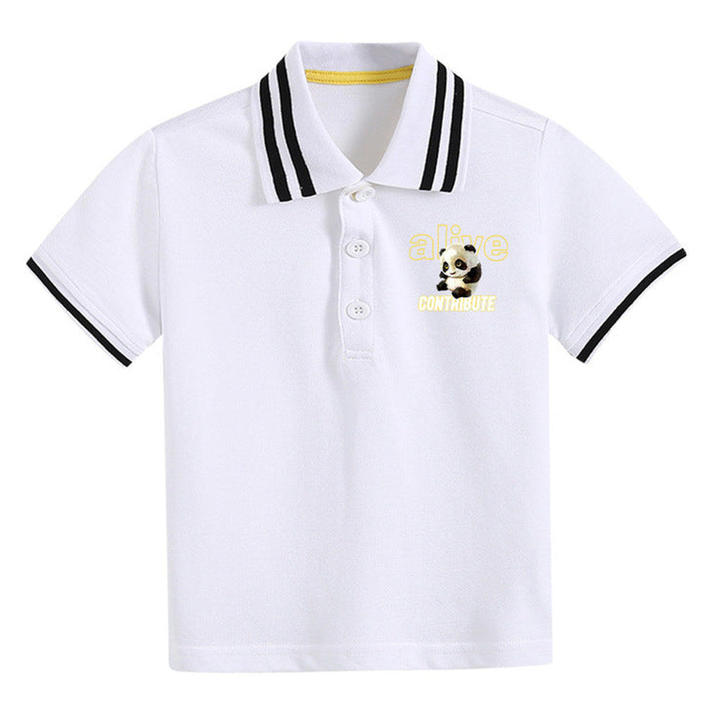 MyKids-USA® Baby Boy Panda Print Pattern Polo Collar White T-Shirt Preppy Style Short-Sleeved Tee Shirt With Button