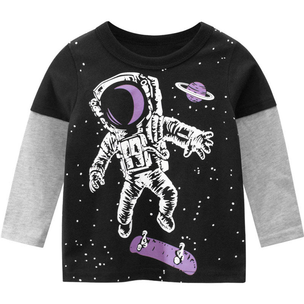 MyKids-USA® Baby Boy Astronaut Pattern Contrast Sleeved Design Long Sleeved Shirt
