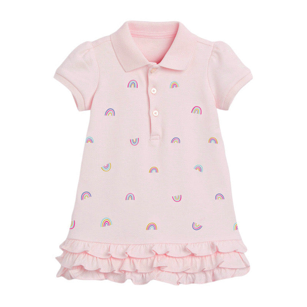 MyKids-USA® Baby Girl Allover Rainbow Graphic Polo Neck Rufffle Hem Dress