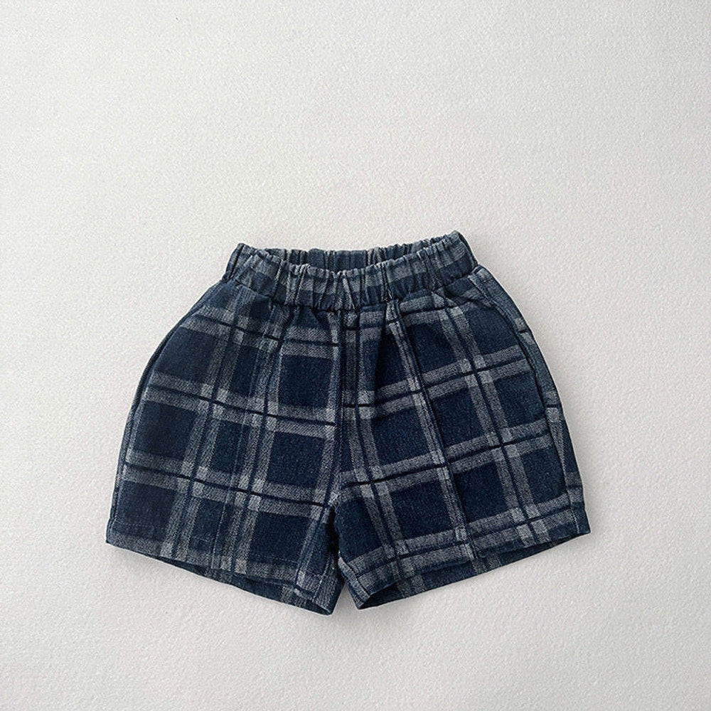 MyKids-USA® Baby Denim Blue Plaid Pattern Loose Shorts