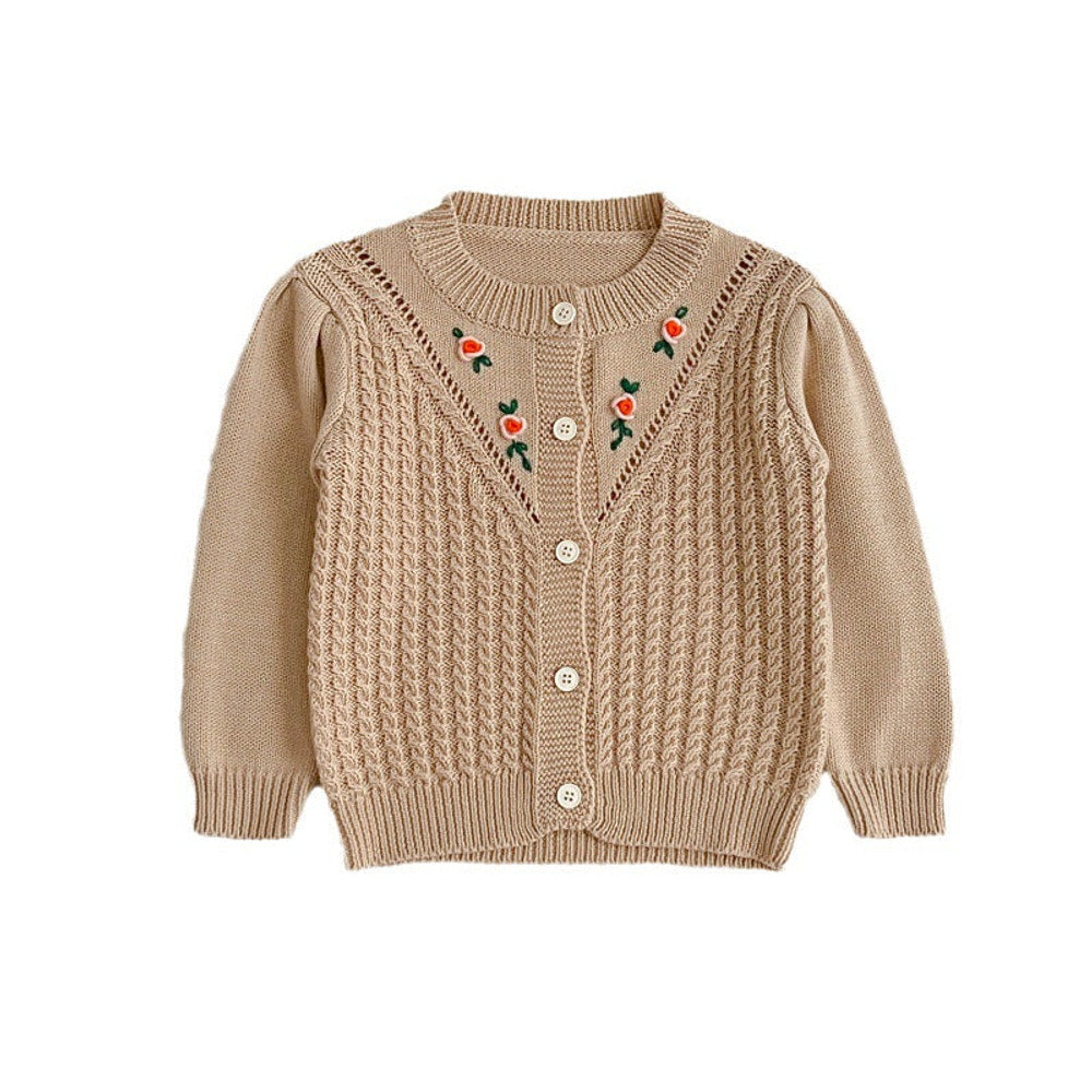 MyKids-USA® Floral Embroidered Pattern Solid Color Knitted Cardigan