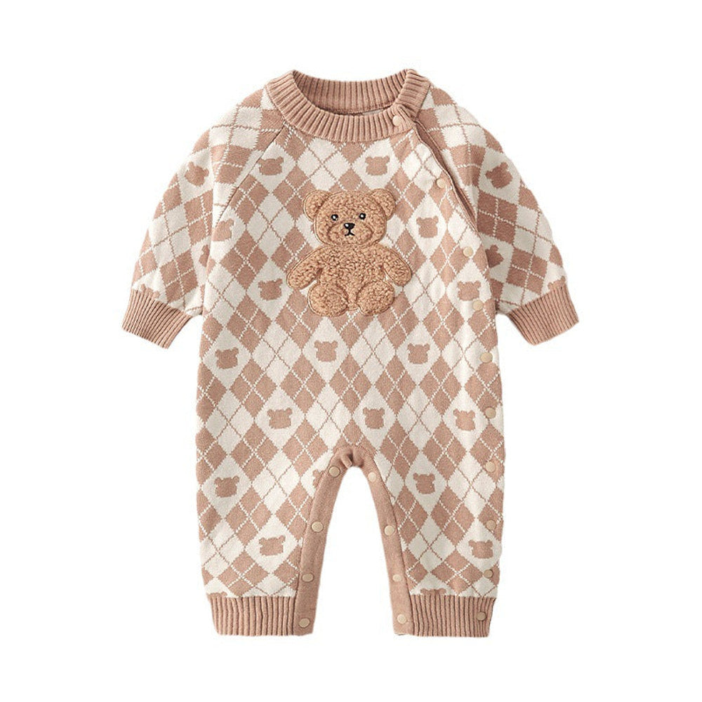 MyKids-USA® Geometric Pattern Cartoon Bear Patched Design Romper