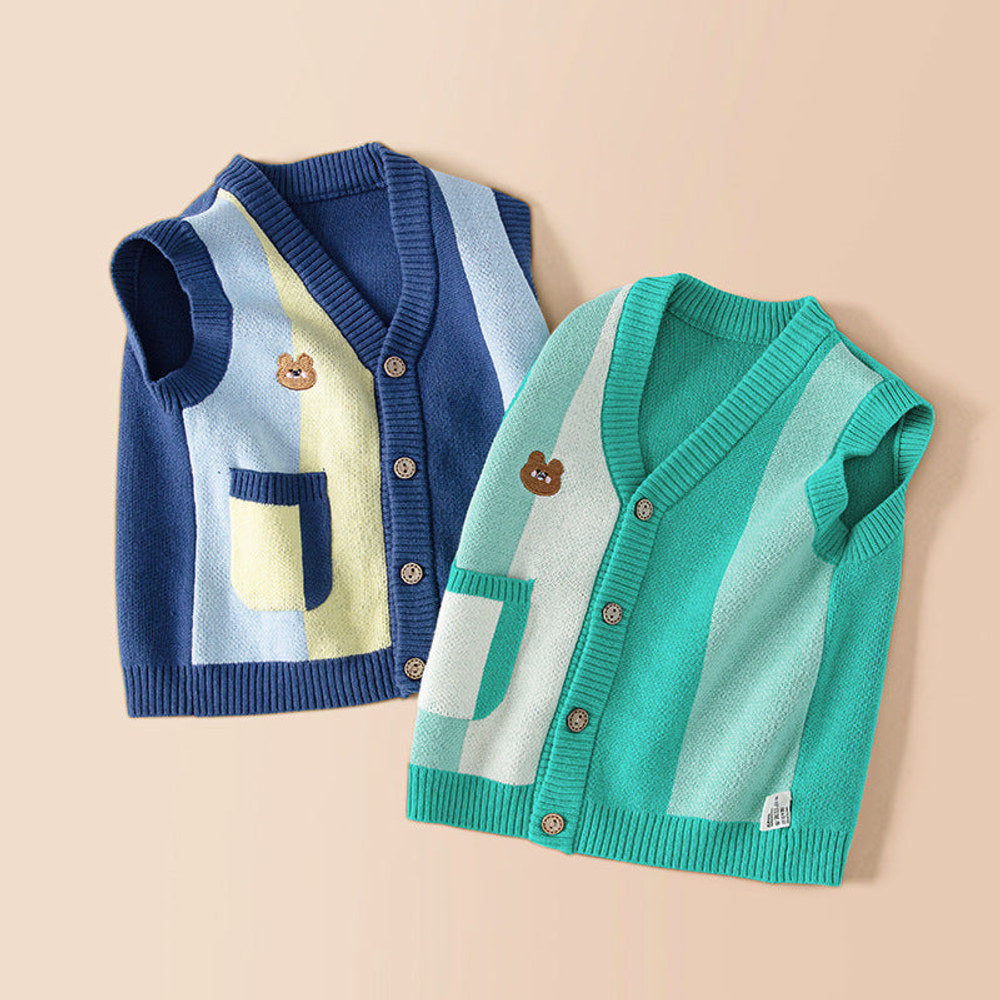 MyKids-USA® Cartoon Bear Pattern V-Neck Design Knitwear