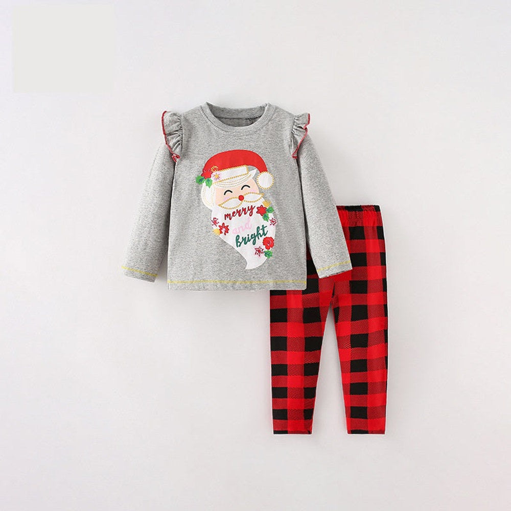 MyKids-USA® Girls Christmas Cartoon Collection Printing Design Top And Plaid Pants Set