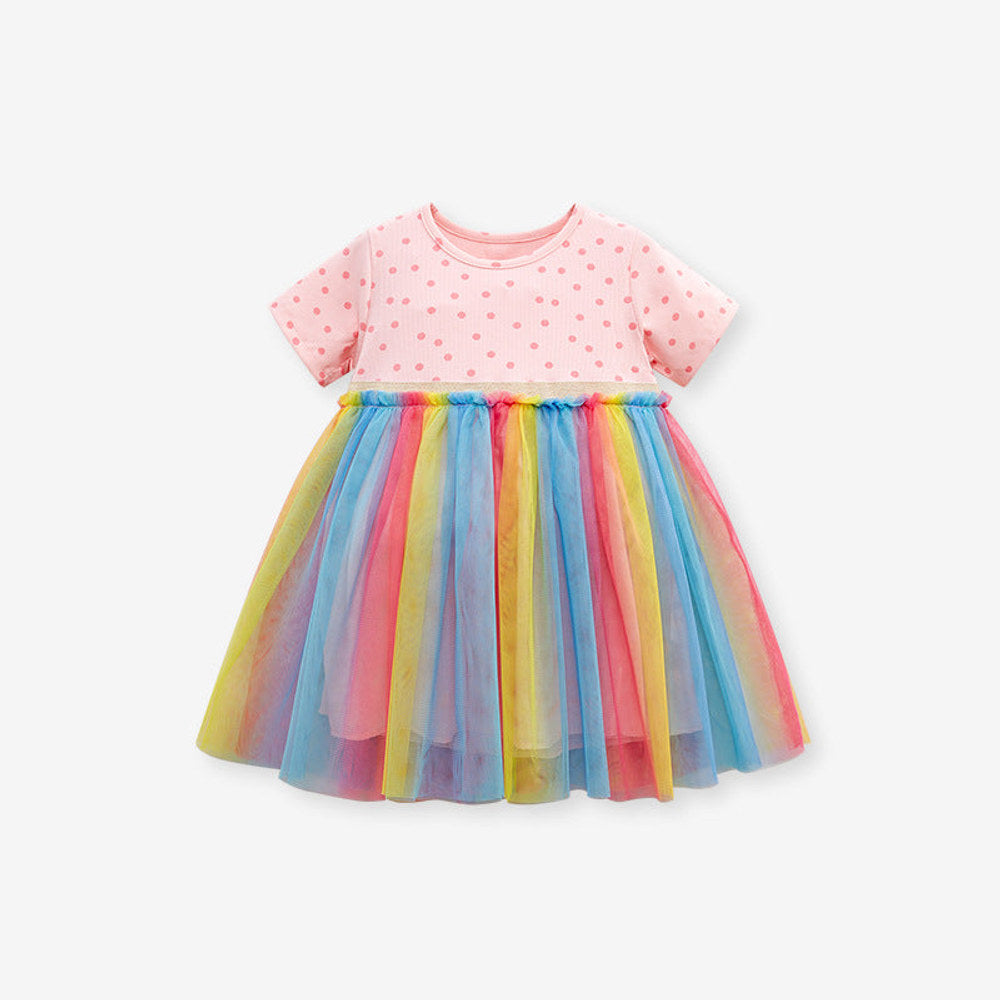 MyKids-USA® Baby Girls Short Sleeves Polka Dots Rainbow Chiffon Dress