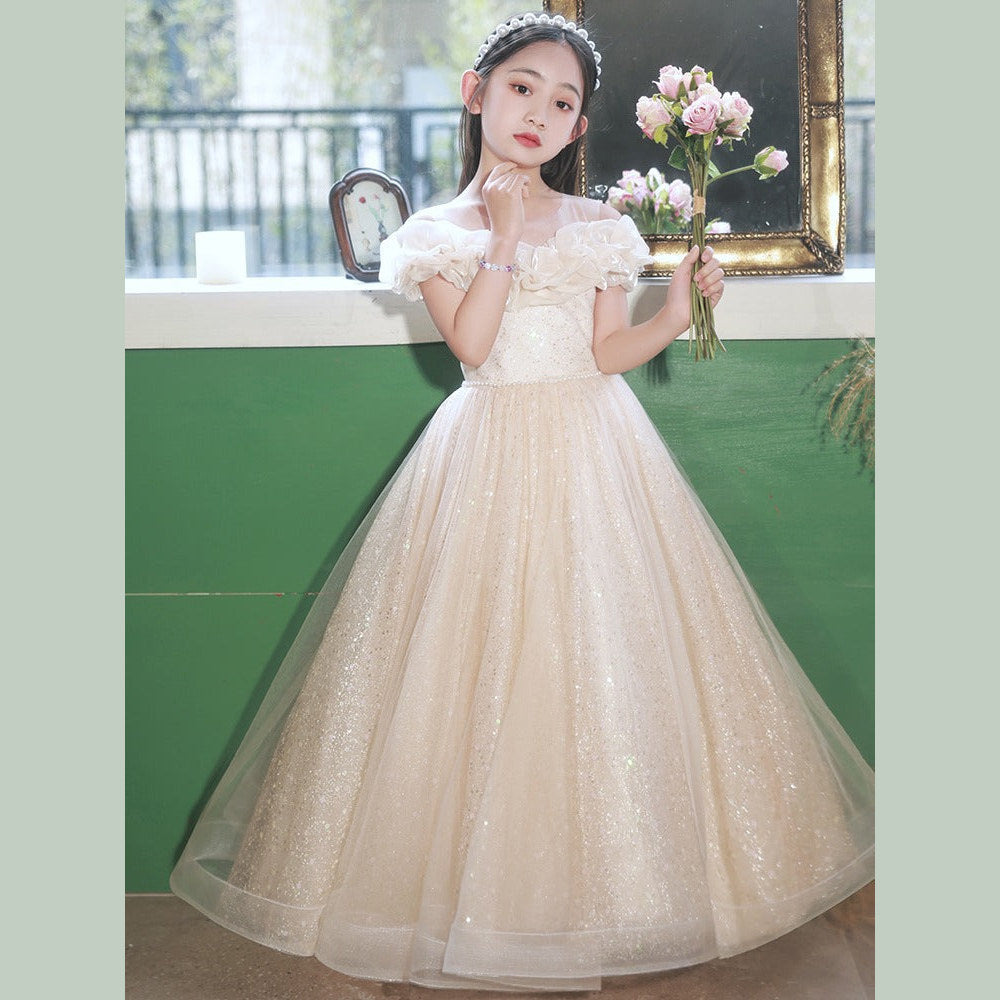 MyKids-USA® Champagne Tulle Hostess One-Shoulder Evening Gown For Girls: Perfect Attire For Piano Performances
