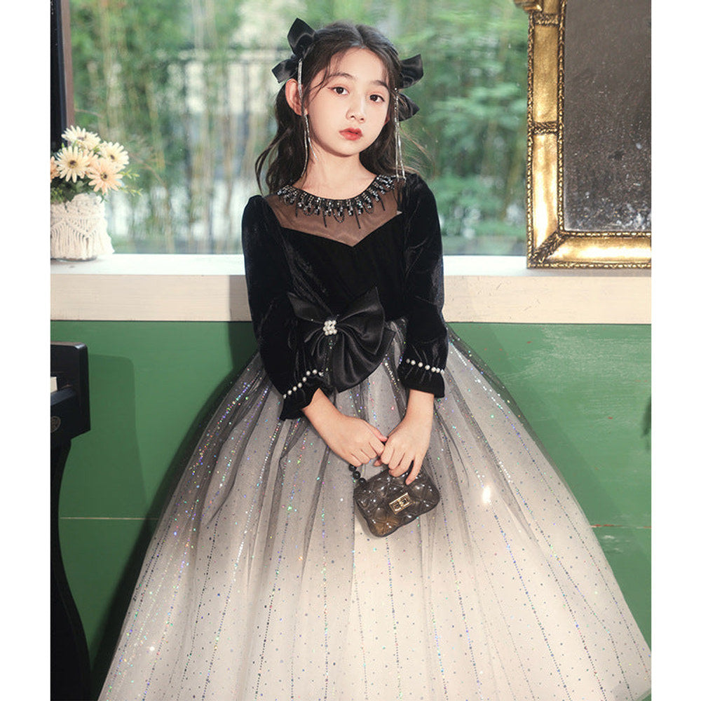 MyKids-USA® Princess Black Bow Birthday Dress For Girls: Luxurious Long-Sleeved Piano Performance Attire, Perfect For Celebrations