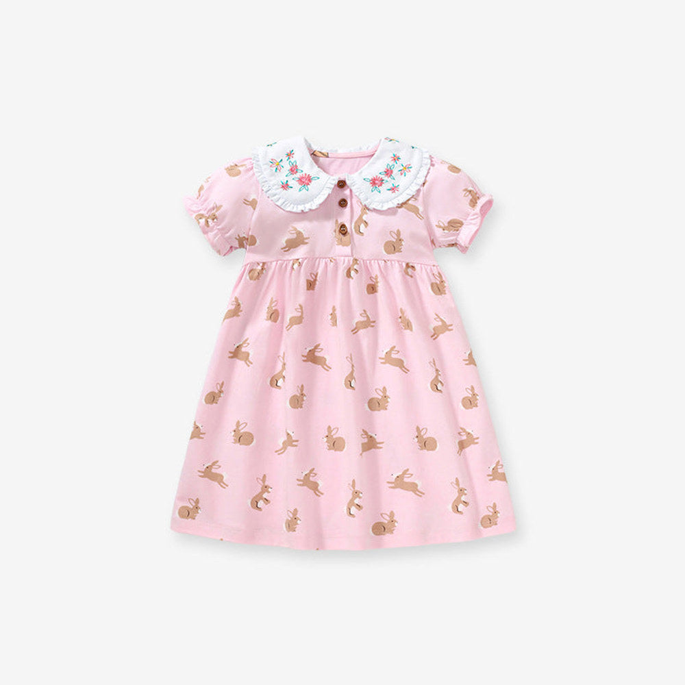 MyKids-USA® Baby Girls Peter Pan Floral Collar Short Sleeves Rabbits Pattern Dress