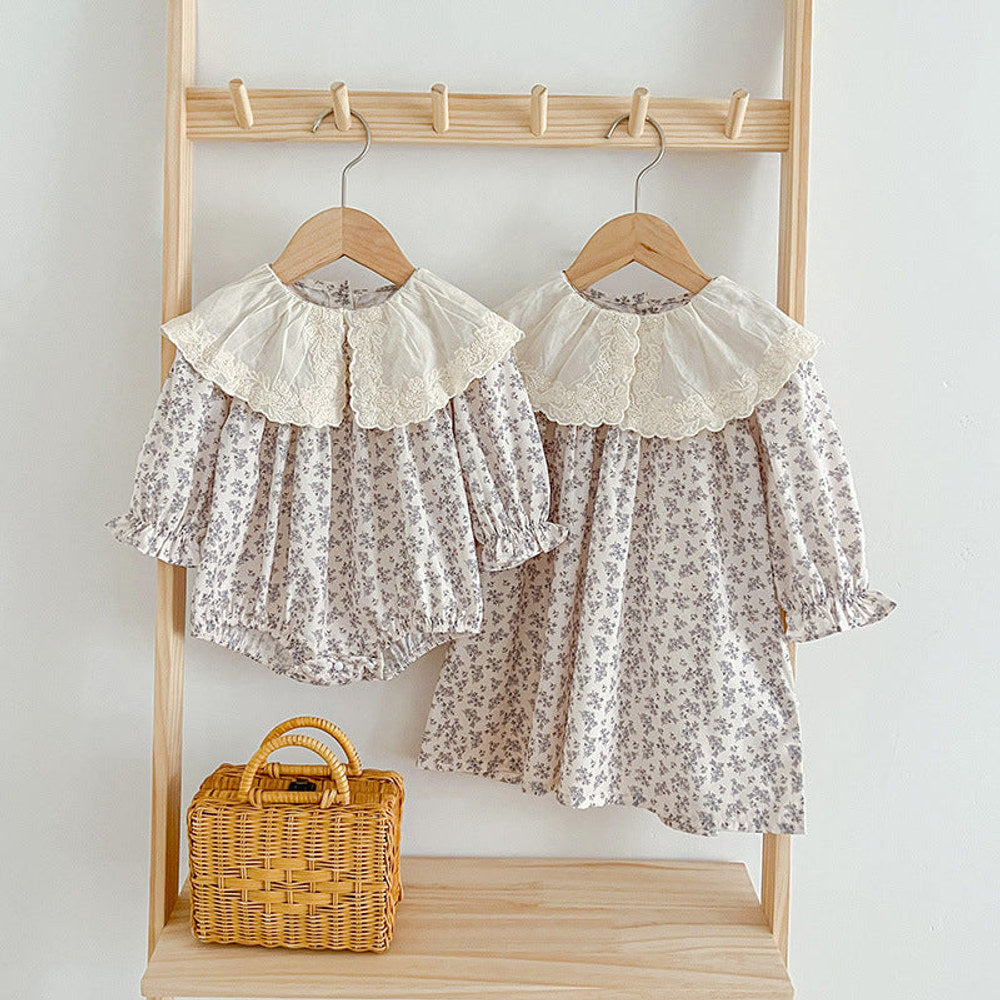 MyKids-USA® Floral Adorable Baby Embroidery Doll Collar bodysuit And Girls’ Dress – Princess Sister Matching Set