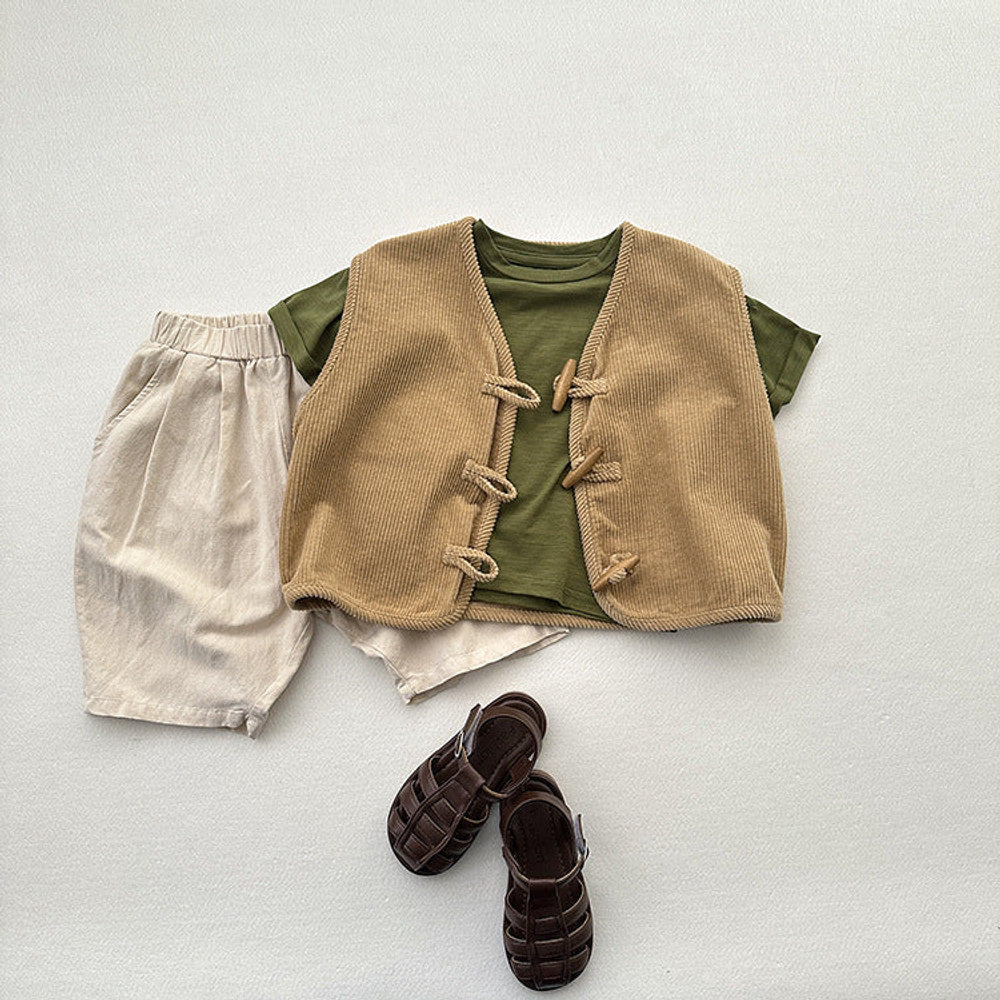 MyKids-USA® Children’s Waistcoat Japanese Corduroy Tone Sleeveless Vest Style Retro Wooden Button Corduroy Vest For Boys And Girls