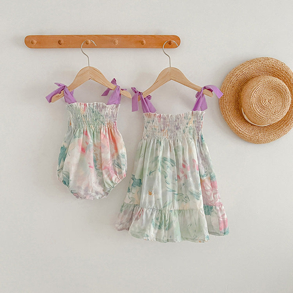 MyKids-USA® Baby Girls Sleeveless Off Shoulder Floral Pattern Strap Dress And bodysuit – Princess Sister Matching Set