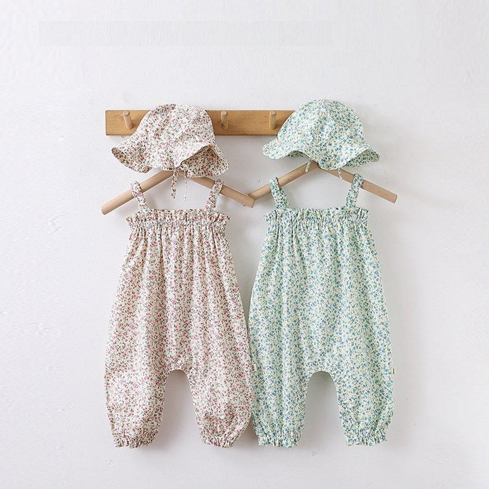 MyKids-USA® Baby Girls Floral Printing Sleeveless Strap Romper And Hat Clothing Sets