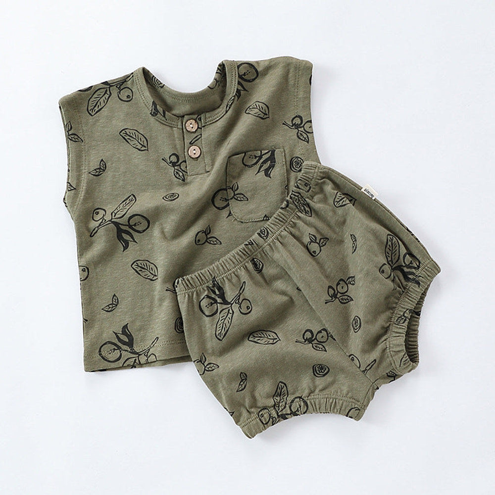 MyKids-USA® Summer Baby Kids Unisex Floral/Fruit Printing Sleeveless Crew Neck Vest And Shorts Clothing Sets