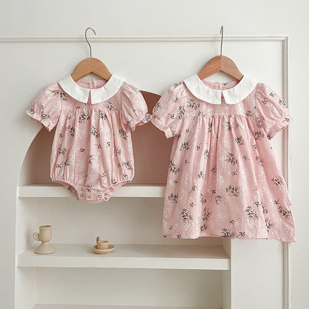 MyKids-USA® Arrival Summer Girls Peter Pan Collar Short Sleeves bodysuit And Dress – Princess Sister Matching Set